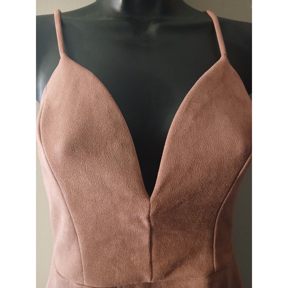 Faux Suede Bodycon Mini Dress Deep V-Neck Spaghetti Strap Dusty Rose Pink - Picture 3 of 6